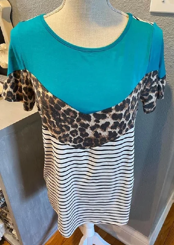 Holiday Fun Lovely Melody Teal w/ Leopard Print & Strips Top
