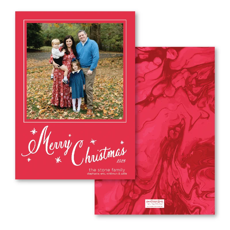 Snowy Christmas Marbled Paper Holiday Card - Red
