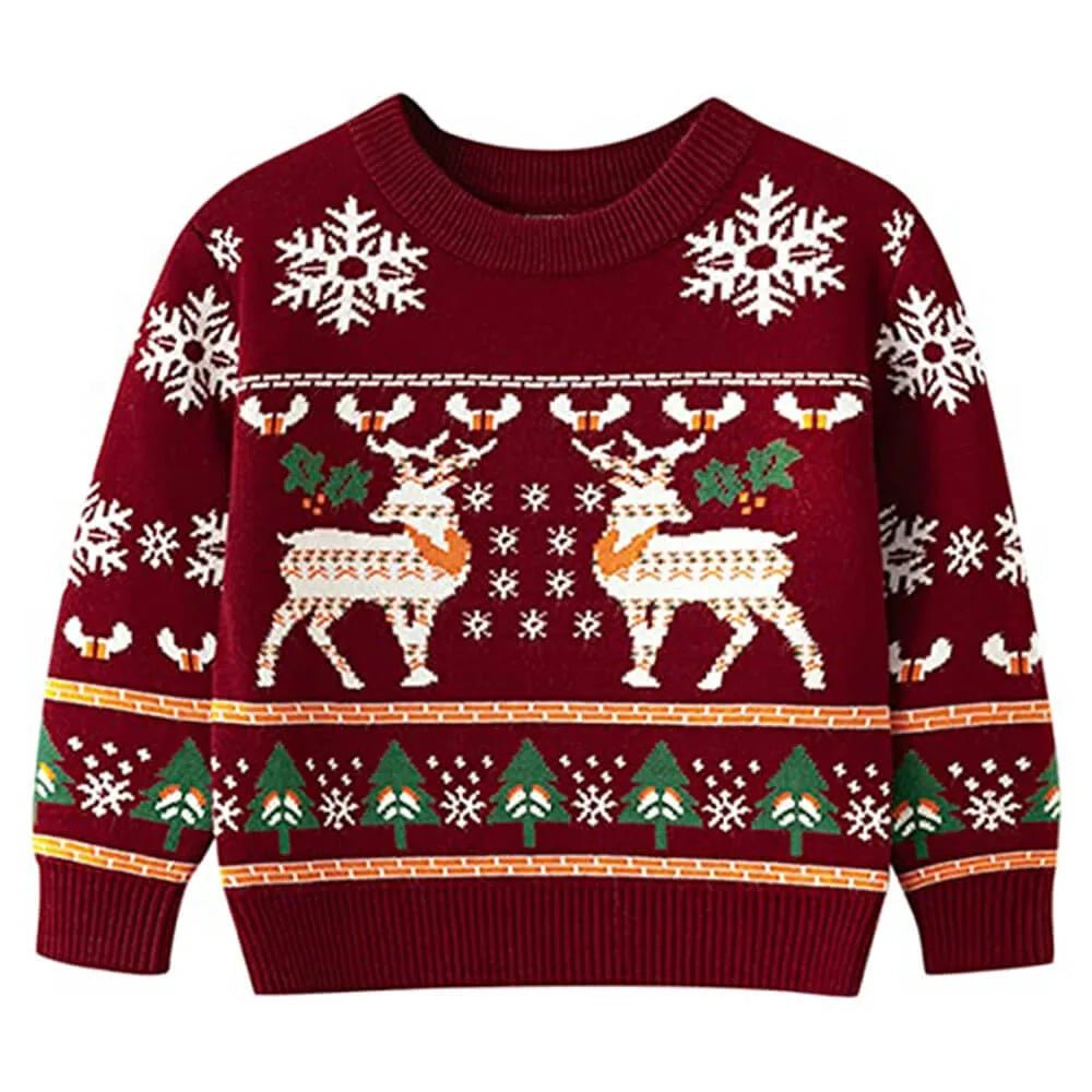 Maroon, Snowflakes & Deer Kids Cardigan Sweater, Round Neck