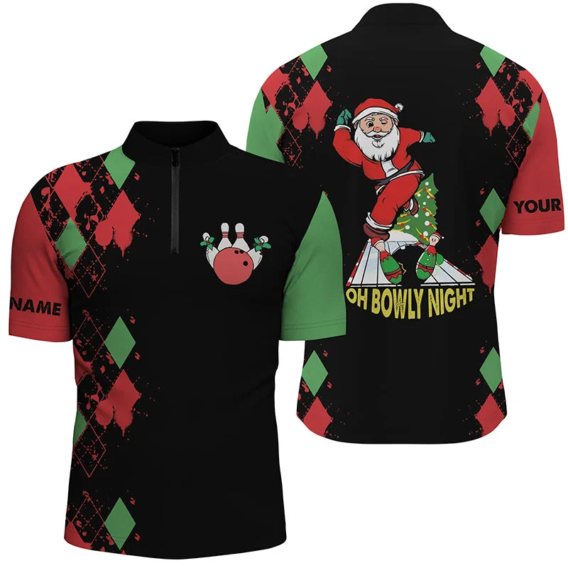 Men's bowling shirt Quarter Zip custom name funny Santa Christmas bowling shirts oh bowly night NQS4411 Men's bowling shirt Quarter Zip custom name funny Santa Christmas bowling shirts oh bowly night NQS4411
