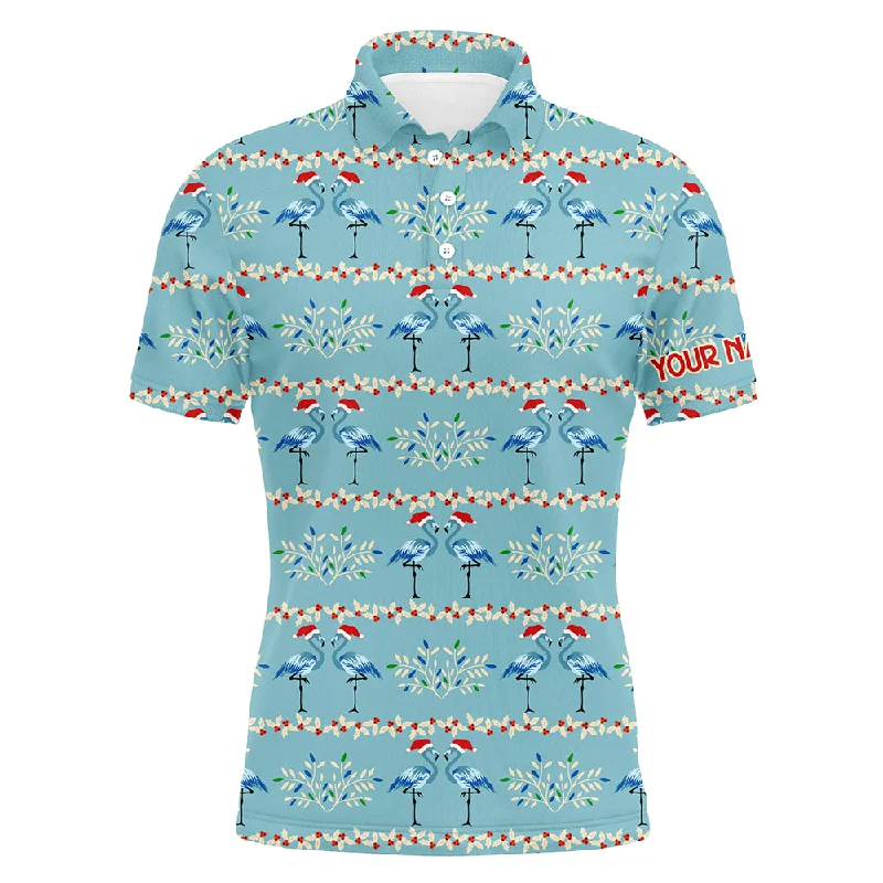 Mens golf polo shirt custom blue Christmas flamingo pattern golf shirt for men, Christmas golf gifts NQS6652 Mens golf polo shirt custom blue Christmas flamingo pattern golf shirt for men, Christmas golf gifts NQS6652
