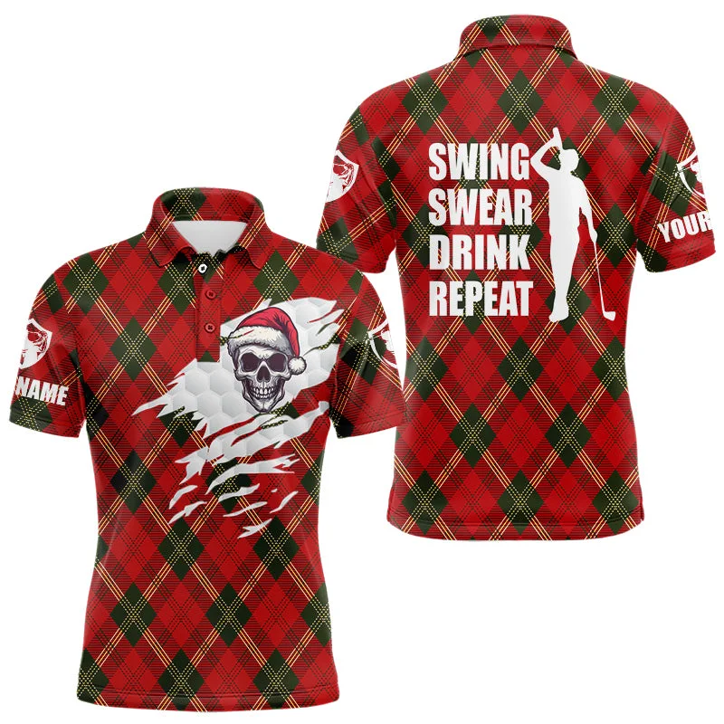 Mens golf polo shirt swing swear drink repeat custom red plaid Christmas pattern golf shirt NQS4281 Mens golf polo shirt swing swear drink repeat custom red plaid Christmas pattern golf shirt NQS4281