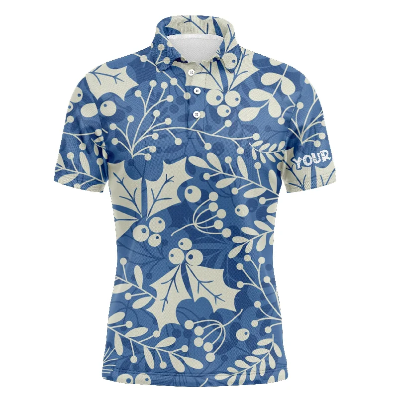 Mens golf polo shirts custom name Christmas holly leaves and berries pattern, Christmas golf gift NQS4448 Mens golf polo shirts custom name Christmas holly leaves and berries pattern, Christmas golf gift NQS4448