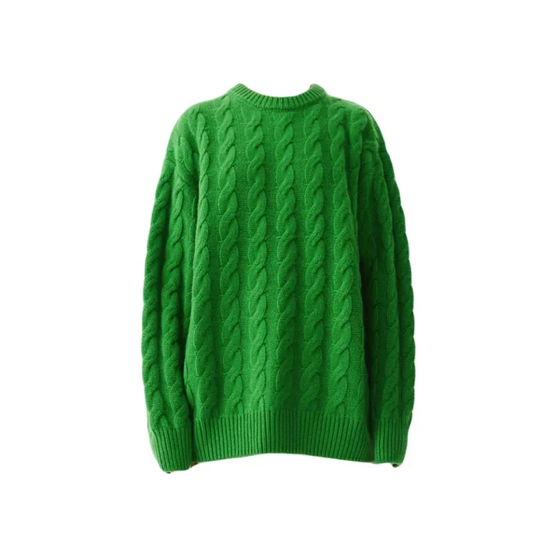 Christmas Stockings Merino Wool Lazy Loose Round Neck Twisted Flower Christmas Sweater