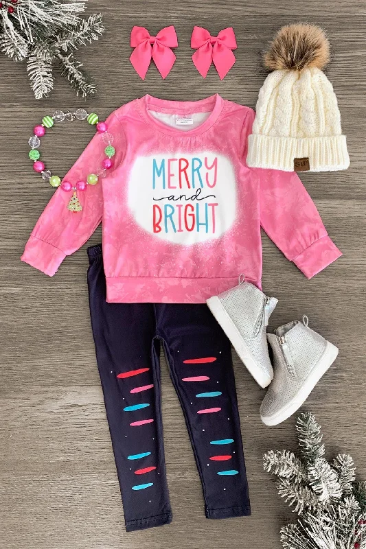 Christmas Twinkling Star Lights "Merry & Bright" Pink Legging Set