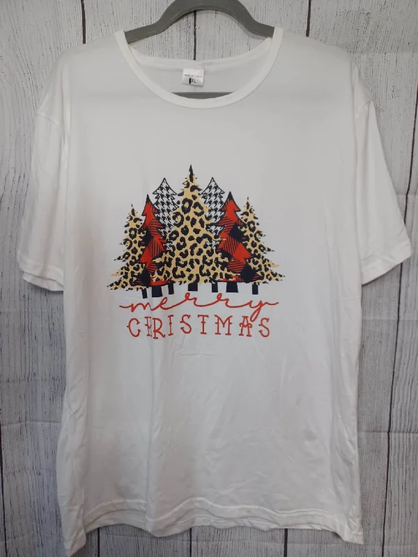 Christmas Cozy Handmade Decorations Merry Christmas T shirt w/ Plaid & Leopard Christmas Trees - Size 1XL