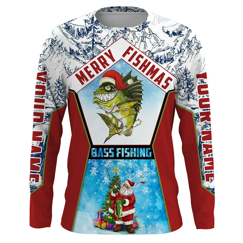 Merry fishmas Bass Fishing custom name sun protection long sleeve fishing shirts, Santa fishing jersey NQS4455 Merry fishmas Bass Fishing custom name sun protection long sleeve fishing shirts, Santa fishing jersey NQS4455