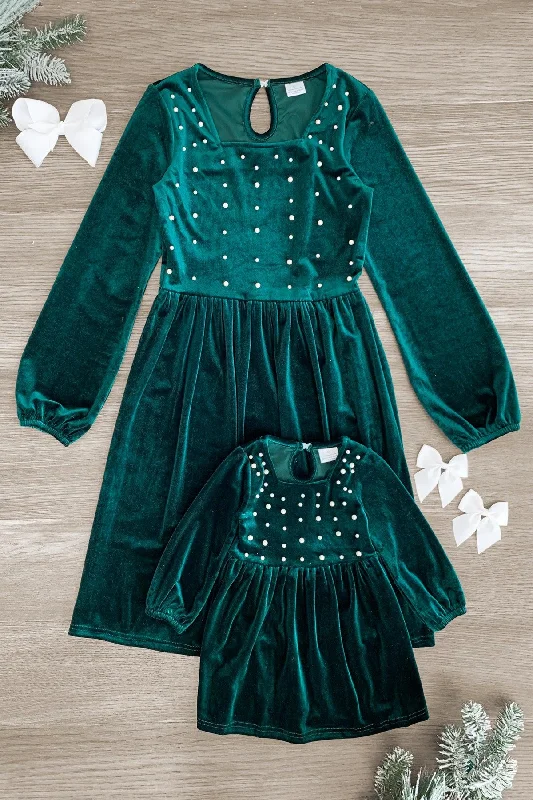 Christmas Stockings Mom & Me - Green Velvet Pearl Dress