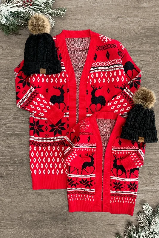 Christmas Decor Mom & Me - Red Nordic Snowflake Cardigan