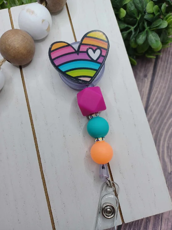 Multicolored Heart Retractable Beaded Badge Reel