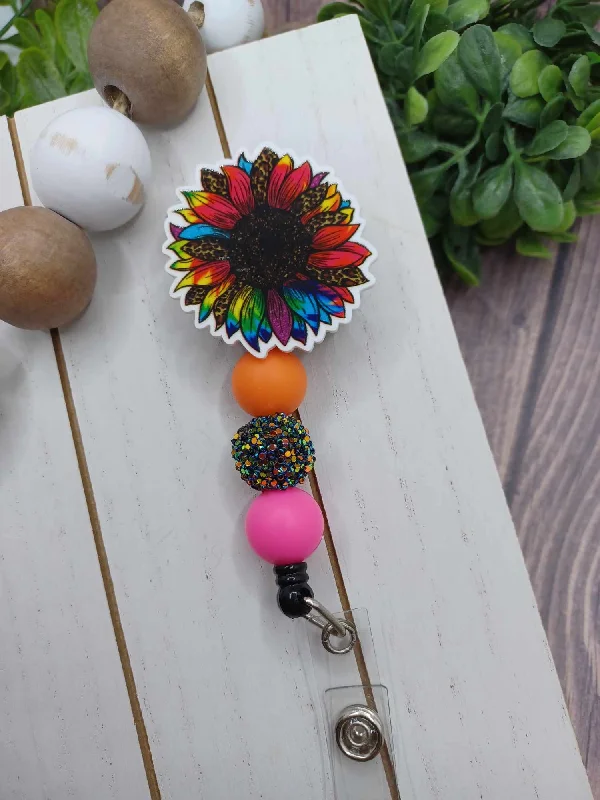 Multicolored Sunflower Retractable Beaded Badge Reel