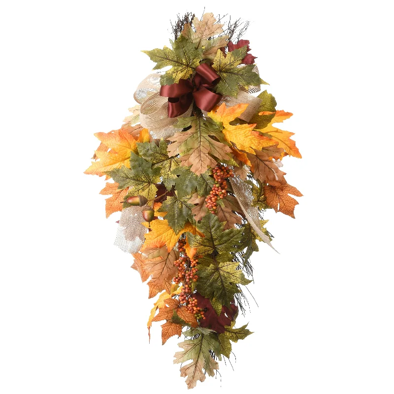 Artificial Autumn Teardrop Decoration, Decorated with Acorns, Berry Clusters, Maple Leaves, Autumn Collection, 30 Inches