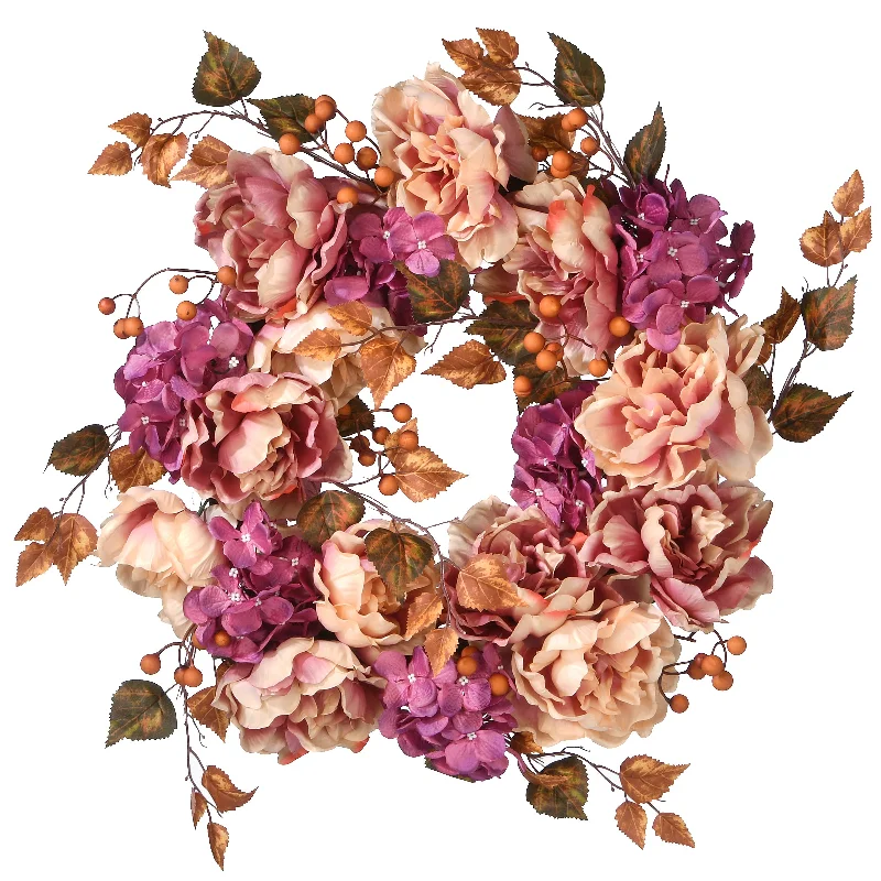 National Tree Company Artificial Autumn Wreath, Decorated with Hydrangeas, Peonies, Berries, Leafy Branches, Autumn Collection, 24 in