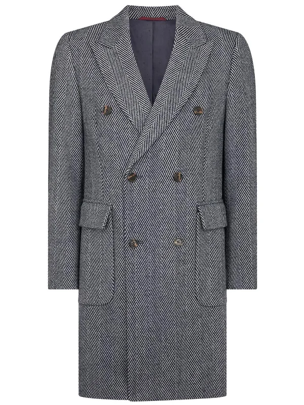 Navy Blue Herringbone Vintage Style Wool Overcoat