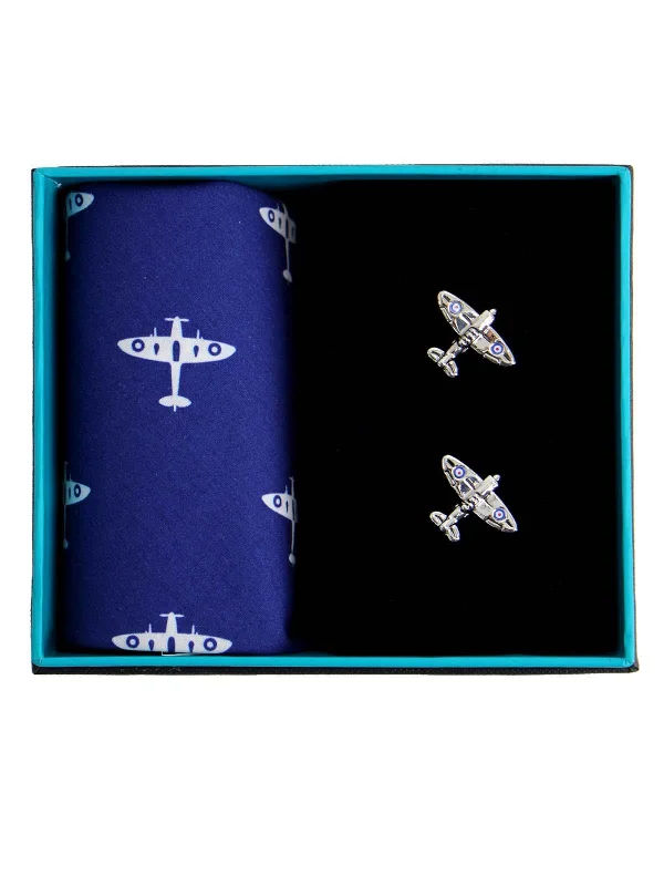 Christmas Baking Navy Blue Spitfire Handkerchief and Cufflink Set