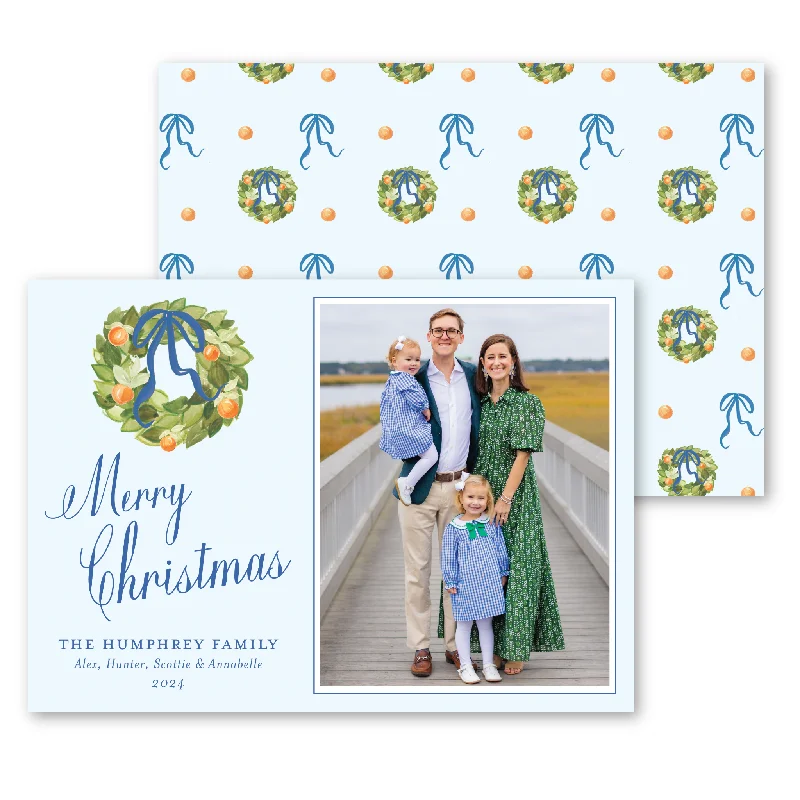 Christmas Stocking Stuffers 'Navy Citrus Wreath' Holiday Card | Horizontal
