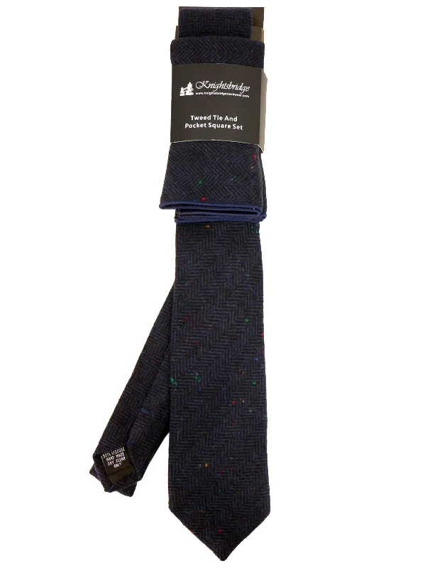 Christmas Wrapped With Love Navy Herringbone Tweed Tie & Pocket Square Se