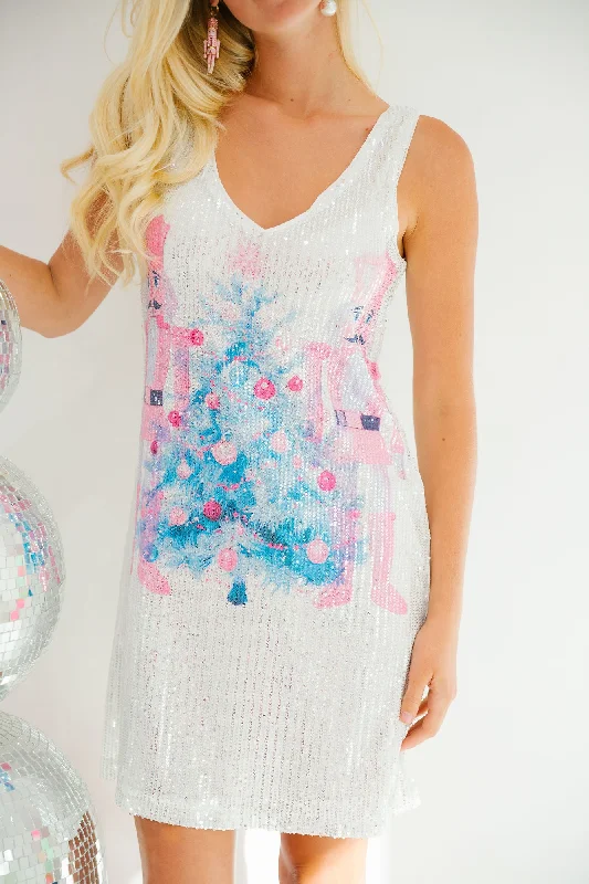 Christmas Festive Night Lights NUTCRACKER TREE SILVER SEQUIN DRESS