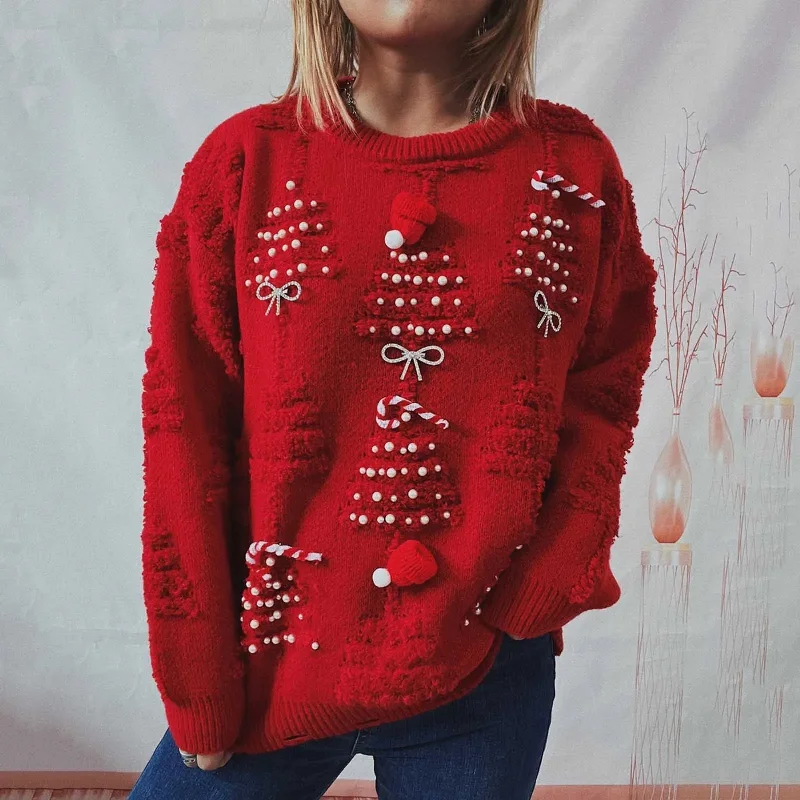 Holiday Lights O-Neck Lantern Sleeve Loose Knitted Casual Christmas Sweater