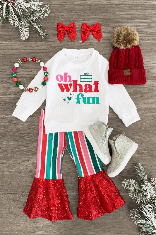 Christmas Cozy Indoor Nights "Oh What Fun" Striped Sequin Bell Bottom Set