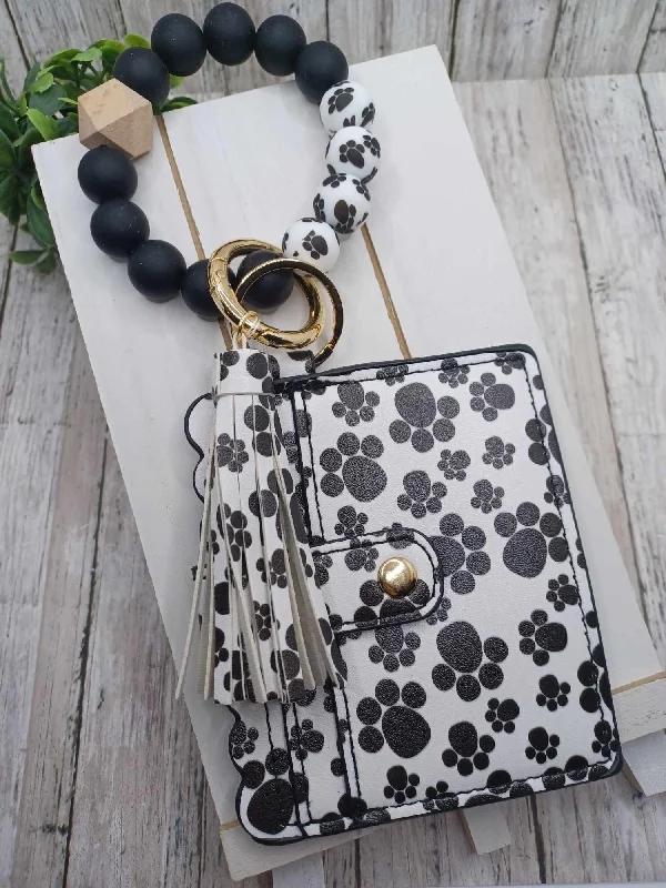 Paw Print Patterned Beaded Wristlet Wallet