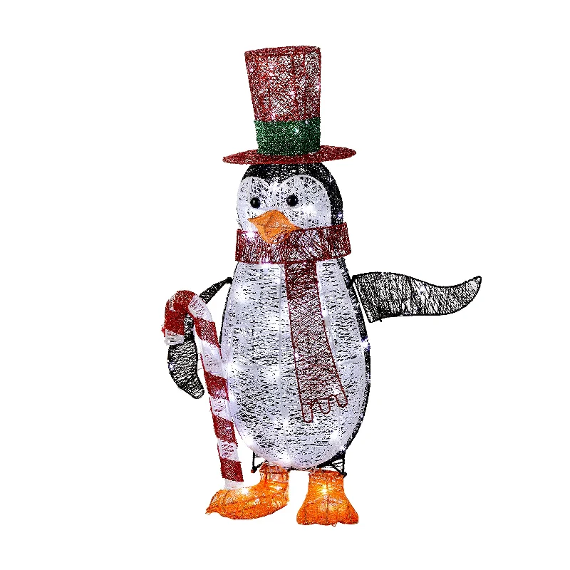 Christmas Decor 36 in. Pre Lit Penguin with Red Top Hat and Candy Cane Decor