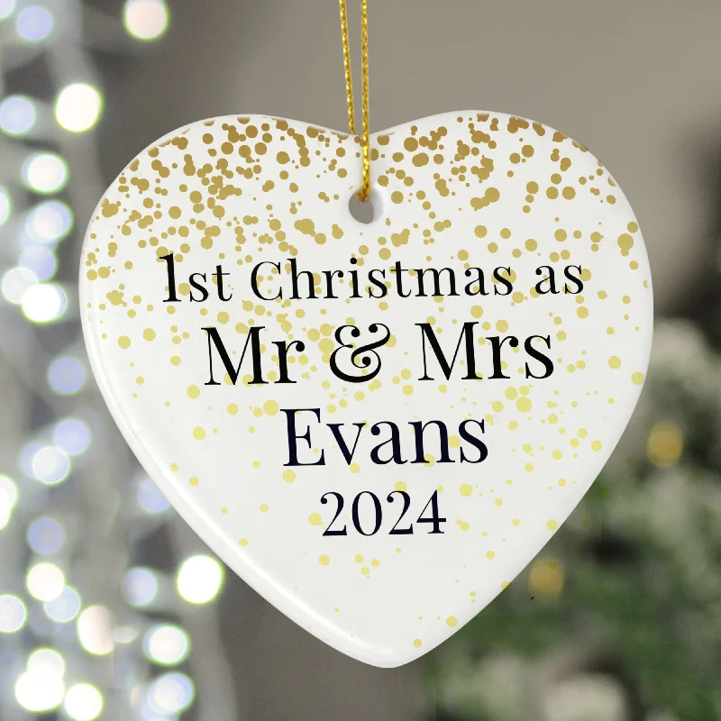Christmas Hot Chocolate Personalised Mr And Mrs 1st Christmas Ceramic Heart Decoration