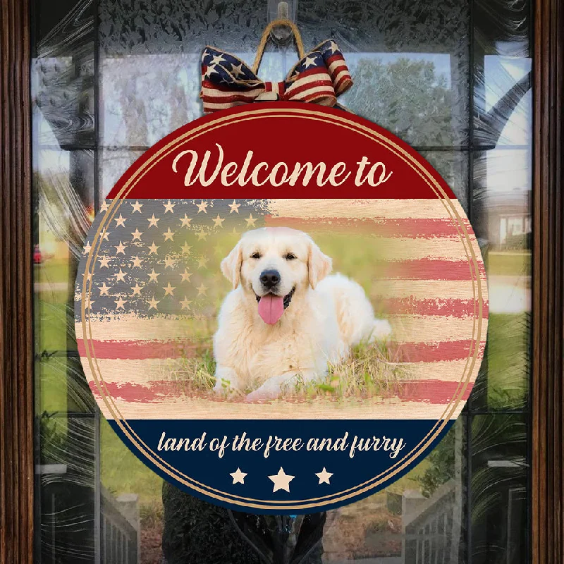 Personalized Dog Door Hanger| Welcome To Land of The Free & Furry - Funny 4th Of July Welcome Sign, Wooden Door Hanger, Dog Lover Decoration for Front Door, Wall, Home| JDH56 Personalized Dog Door Hanger| Welcome To Land of The Free & Furry - Funny 4th Of July Welcome Sign, Wooden Door Hanger, Dog Lover Decoration for Front Door, Wall, Home| JDH56