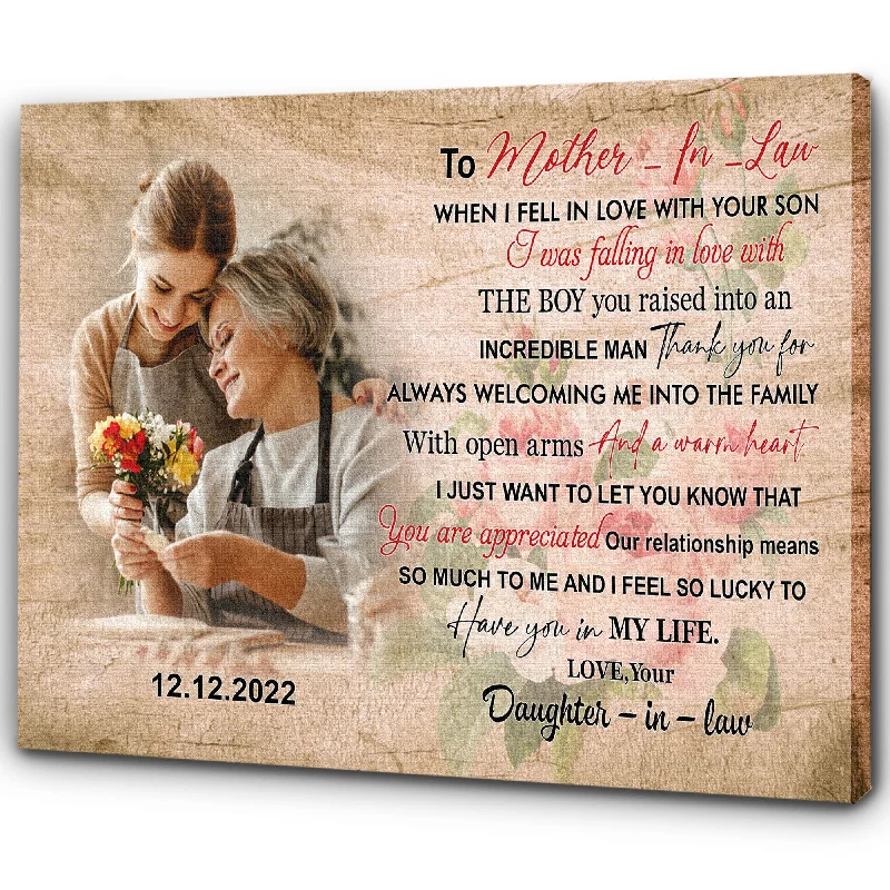 Personalized Mother In Law Wall Art Gift for Mother In Law from Daughter In Law Feel So Lucky To Have You In Life Canvas Flower Mother Canvas Good Mother’s Day Gifts| AP522