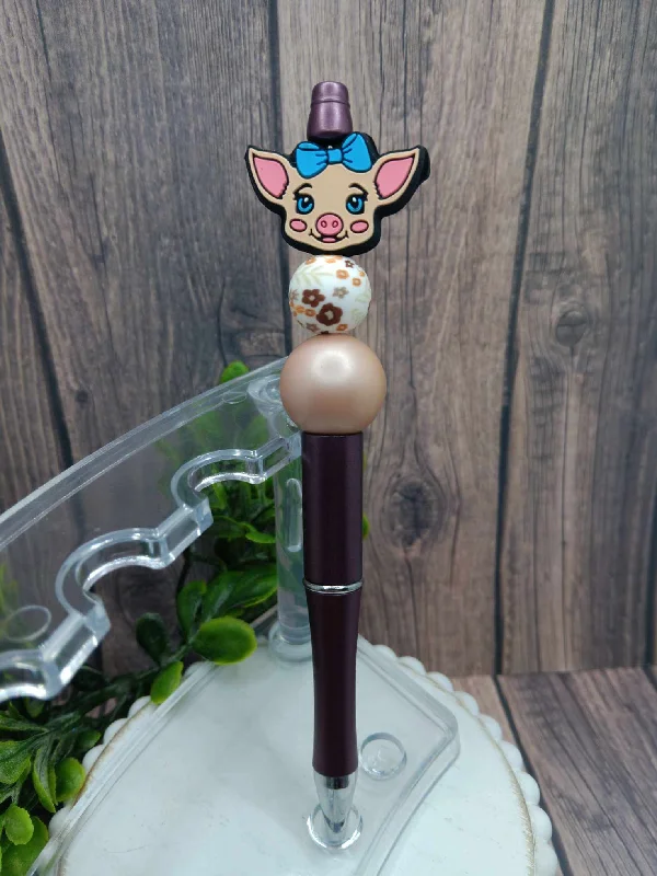 Christmas Decor Piggy w/ Blue Bow Beaded Ink Pen