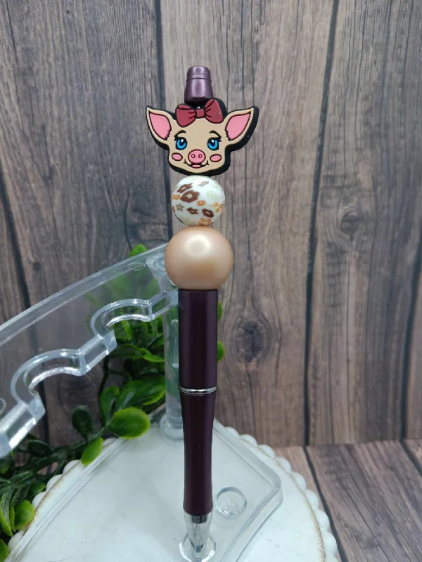 Christmas Twinkling Festive Lights Piggy w/ Red Bow Beaded Ink Pen