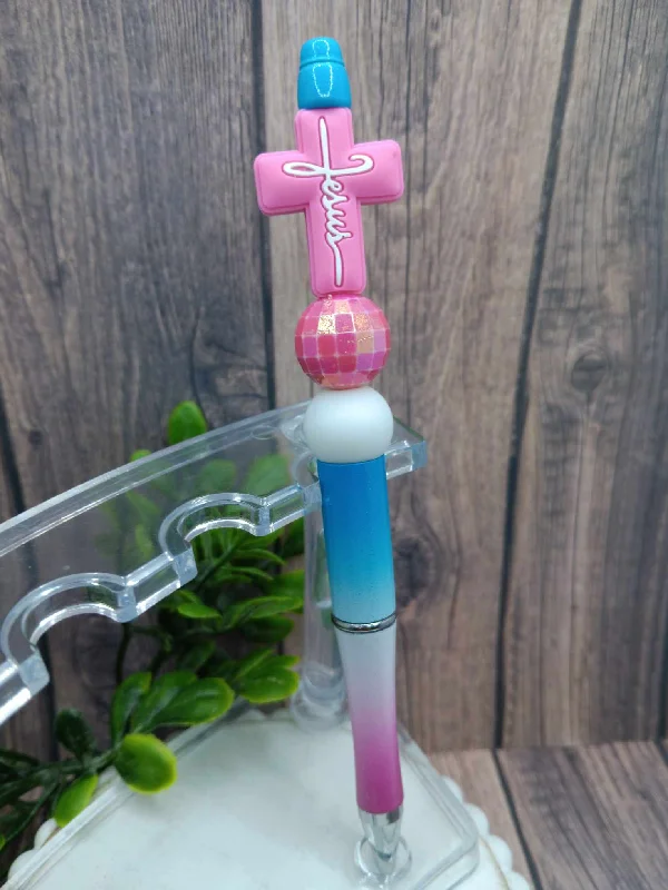 Christmas Shopping Pink & Blue Jesus Cross Beaded Ink Pen