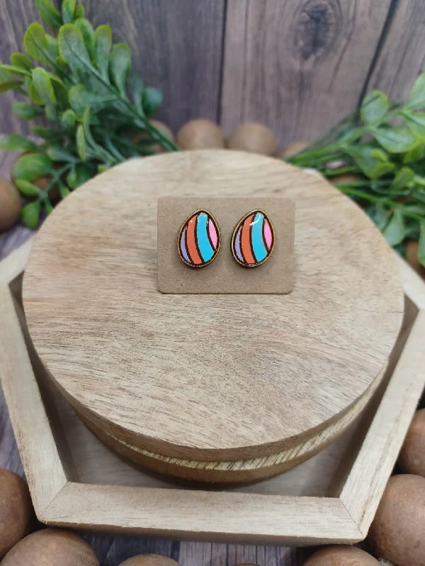 Christmas Pine Tree Pink, Blue, Orange, & Purple Striped Egg Earrings