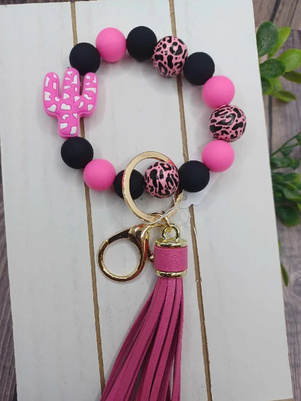 Christmas Caroling Pink Cactus Wristlet Keychain