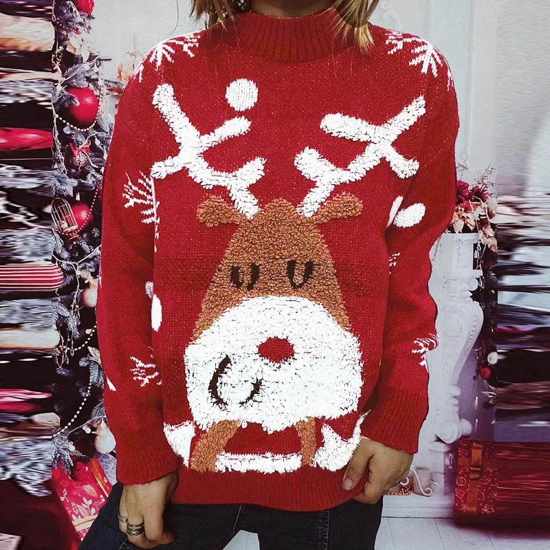 Christmas Countdown Pink Christmas Sweater with Loose Neck and Love Heart Pattern