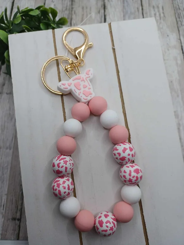 Pink Cow Print Beaded Wristlet Keychain