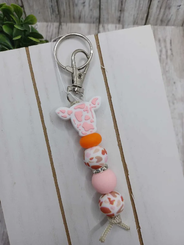 Pink Cow Print Cow Head Beaded Keychain