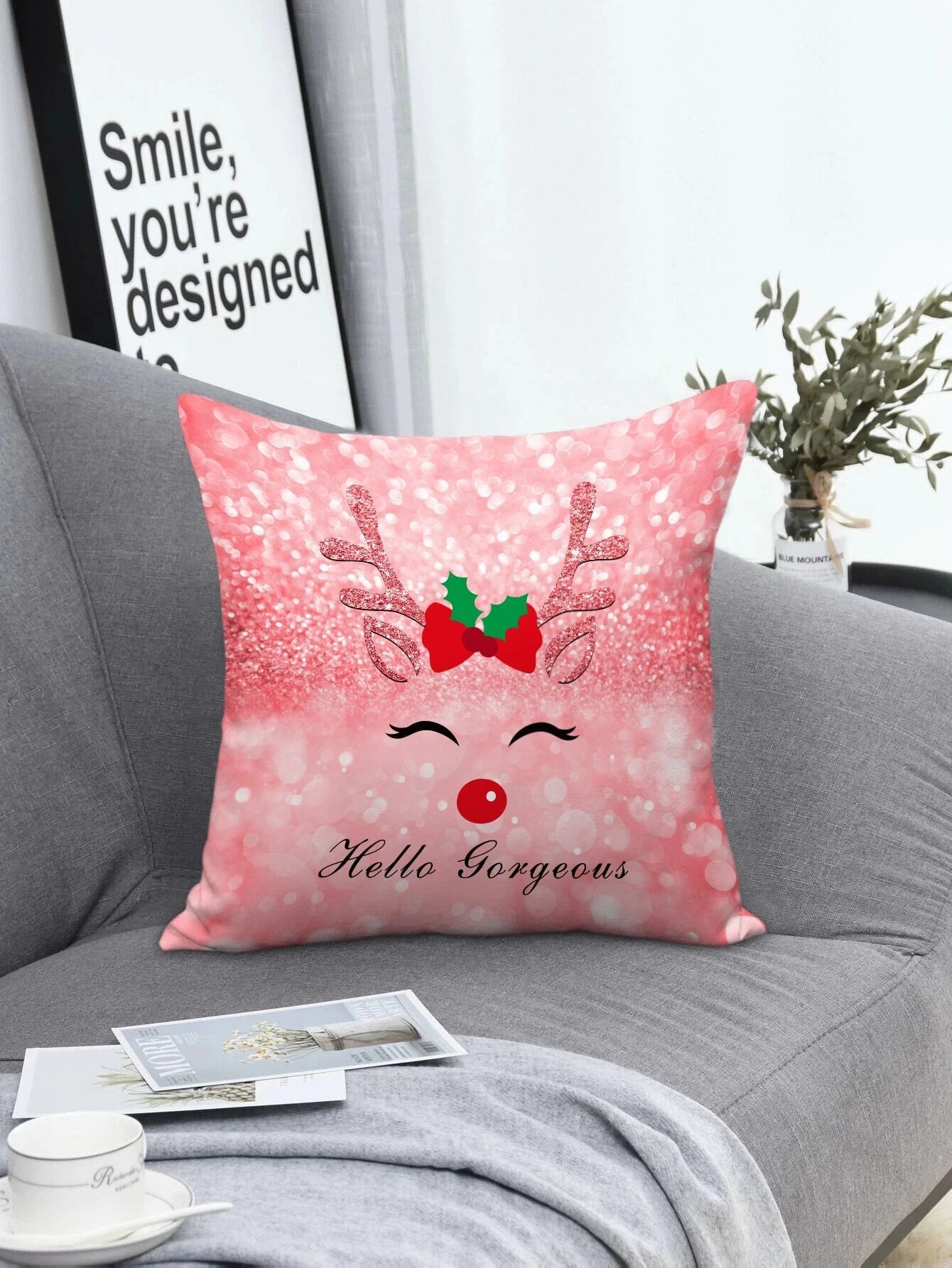 Christmas Glittering Snowy Roofs Pink "Hello Gorgeous" Reindeer Pillow Cover