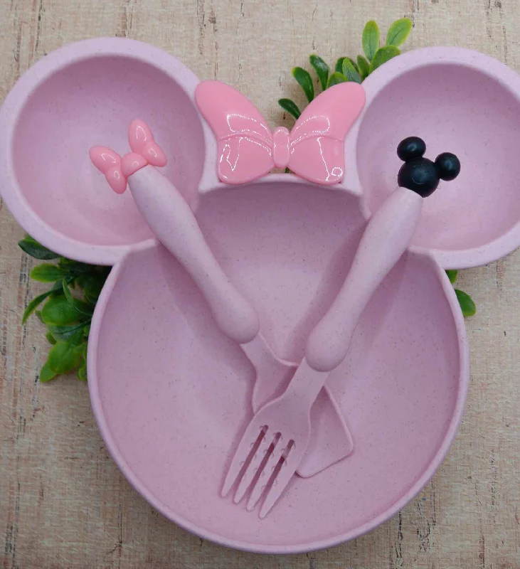 Christmas Winter Forest Walks Pink Mouse Dish & Silverware Set