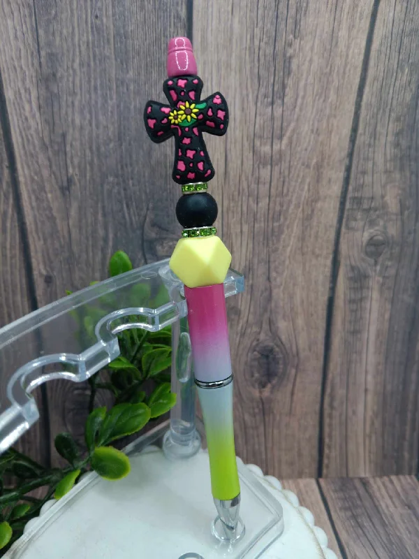 Christmas Family Holiday Movie Night Pink Ombre Cross Beaded Ink Pen