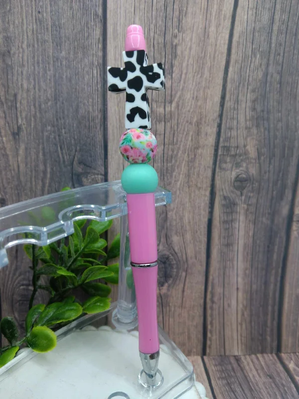 Holiday Cheer Pink, Teal, & Cow Print Beaded Cross Ink Pen