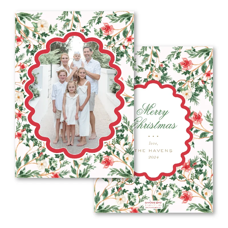 Christmas Wreath 'Poinsettia Chinoiserie' Holiday Card