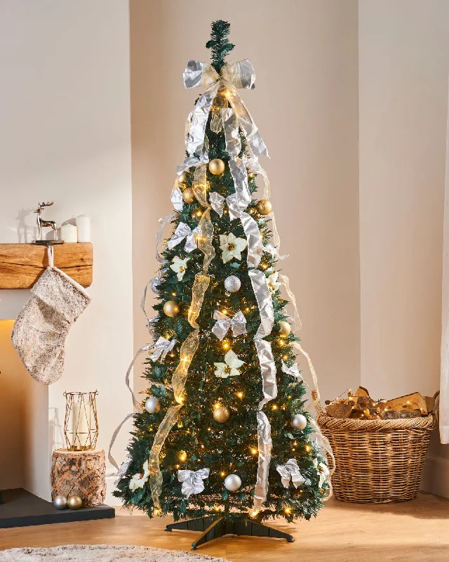 Christmas Family Holiday Movie Night Pre-Lit Decorated Holly Pop-Up Christmas Tree, Champagne & Silver, 6 ft Christmas Family Holiday Movie Night Pre-Lit Decorated Holly Pop-Up Christmas Tree, Champagne & Silver, 6 ft