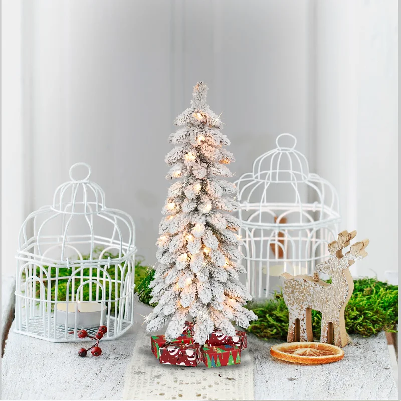 Christmas Crackling Bonfire Pre-Lit 3' Flocked Pencil Alpine Artificial Christmas Tree with 35 Lights, Green Christmas Crackling Bonfire Pre-Lit 3' Flocked Pencil Alpine Artificial Christmas Tree with 35 Lights, Green
