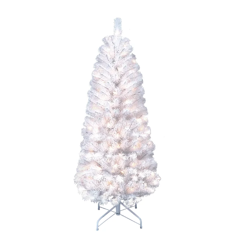 Christmas Fireplace Pre-Lit 4.5' White Pencil Northern Fir Artificial Christmas Tree with 150 Lights, White Christmas Fireplace Pre-Lit 4.5' White Pencil Northern Fir Artificial Christmas Tree with 150 Lights, White