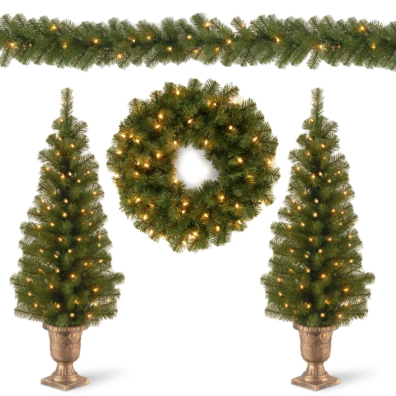 Christmas Magic Pre-Lit Evergreen Assortment Set of 2 Entrance Trees, 1 Wreath, 1 Garland Christmas Magic Pre-Lit Evergreen Assortment Set of 2 Entrance Trees, 1 Wreath, 1 Garland