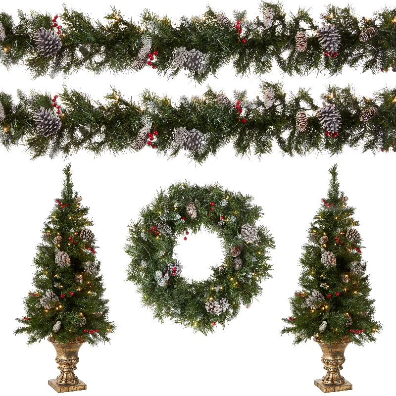 Christmas Festive Festivities Pre-Lit Frosted Berry Assortment with 2 Entrance Trees, 1 Wreath, 2 Garland Christmas Festive Festivities Pre-Lit Frosted Berry Assortment with 2 Entrance Trees, 1 Wreath, 2 Garland