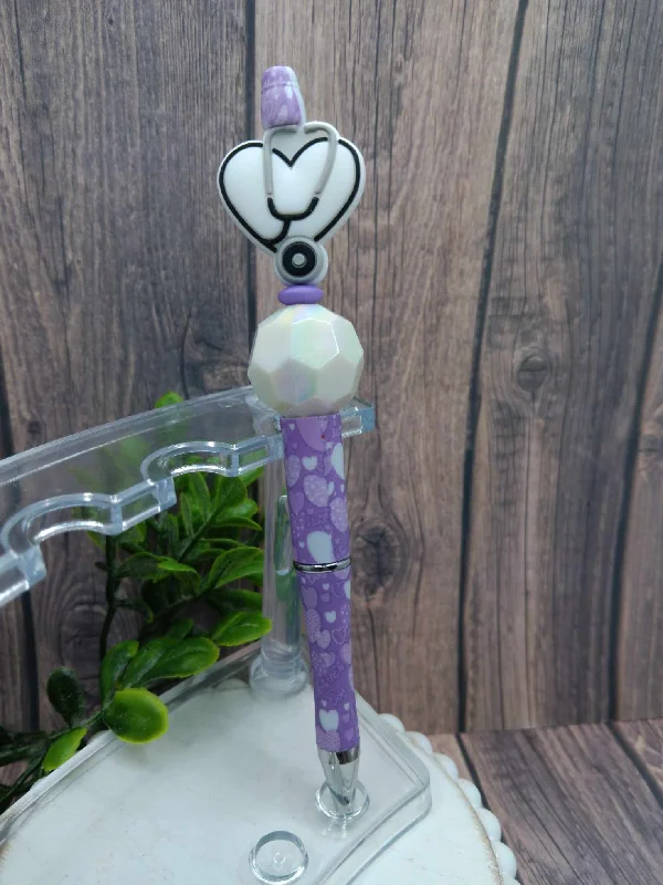 Christmas Fireplace Purple Stethoscope Beaded Pen w/ Purple Hearts