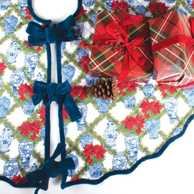 Poinsettia Chinoiserie Quilted Tree Skirt