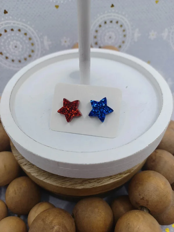 Christmas Sparkly Fairy Lights Red & Blue Glitter Star Earrings